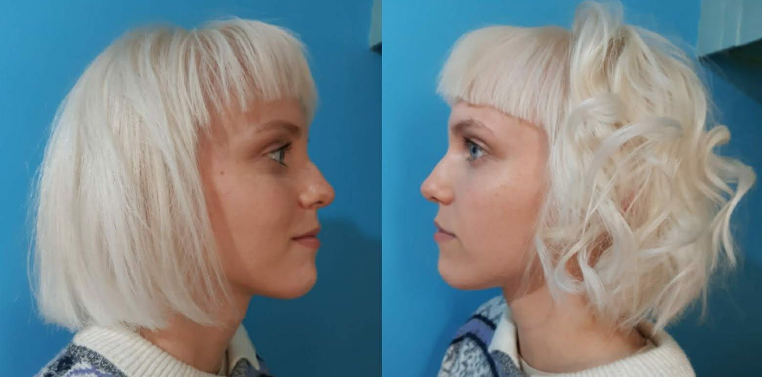 Platinum blonde bob styled two ways